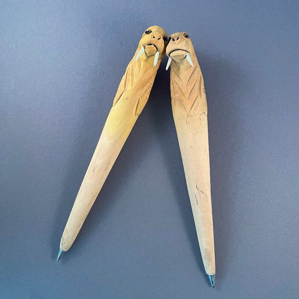 Carved Solid Wood Animal Pen Lot of 2 Walrus Figurine Sculpture Article Favorite